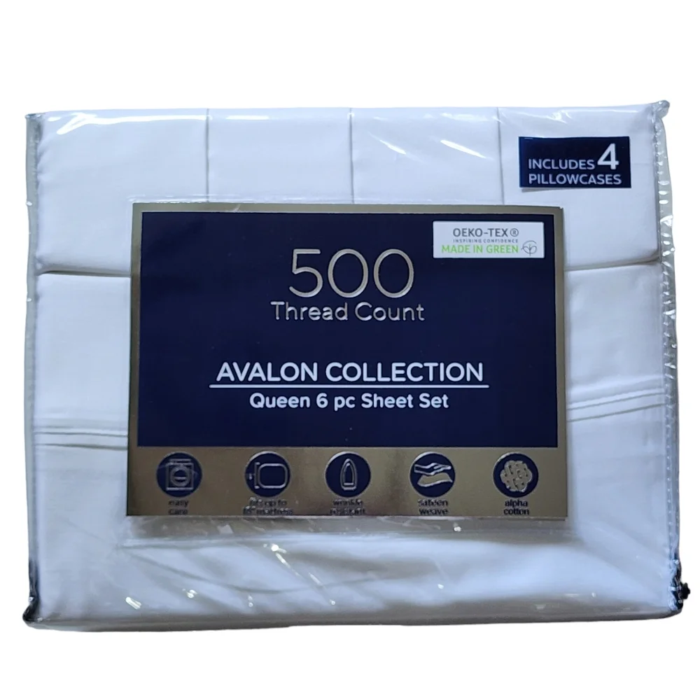 Avalon Collection Queen 6‎ pcs White Sheet Set 500 Thread Count Cotton Blend